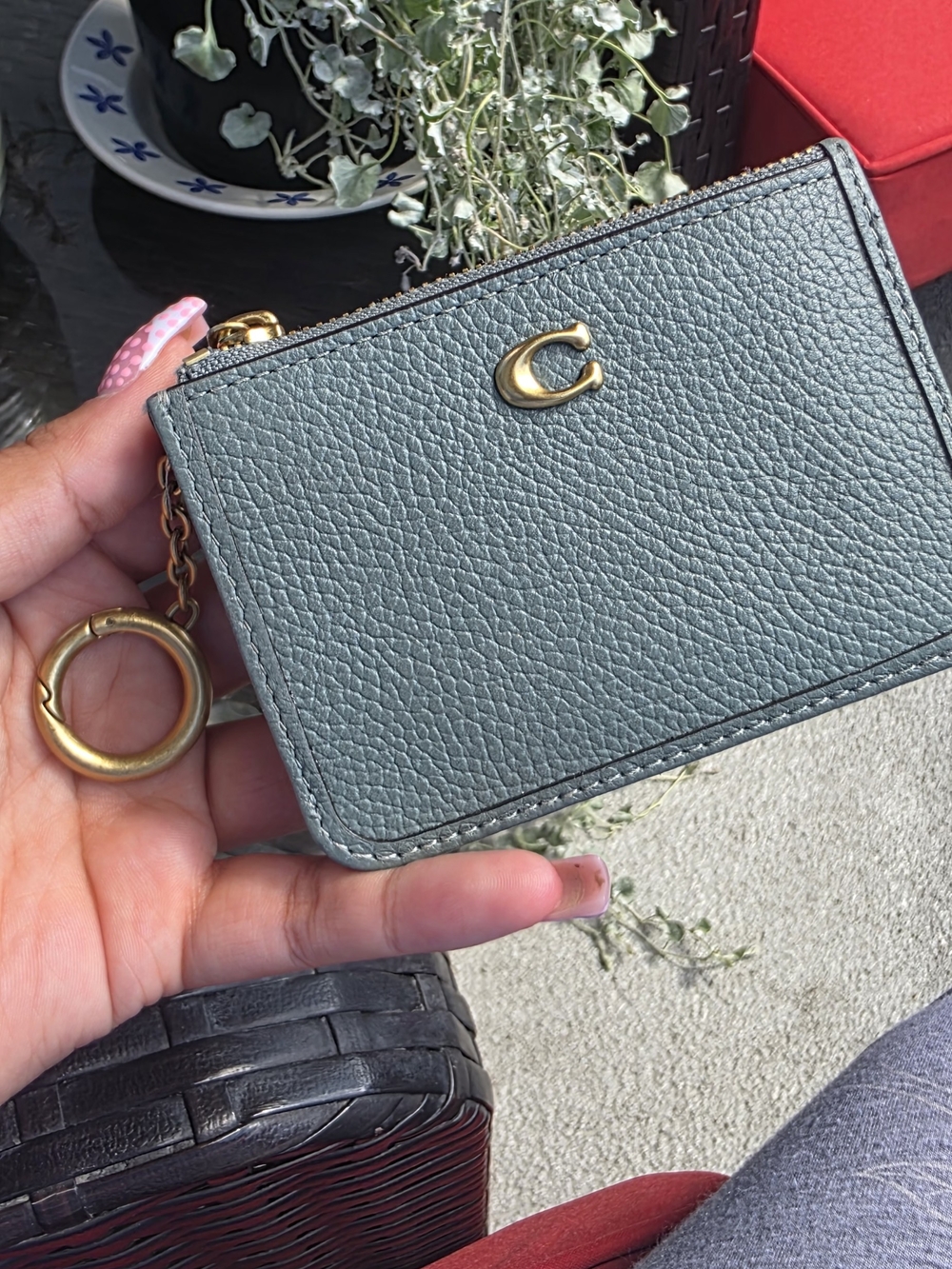 Coach Mini Skinny ID Case in Sage featuring a brass signature "C." CR550